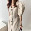 Summer Korean Elegant Temperament Cotton linen V-Neck Chic Single-Breasted Puff Sleeve Casual Party Dress Female 210519