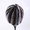 Women's High Quality Real Rex Rabbit Fur Striped Beanie Hats Girls Winter Fashion Warm Caps Multicolor