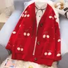 Woman Sweater Cardigan Jacket Winter Warm Knitwear Fruit Cherry Embroidery Knitted Autumn V Neck Oversize 210914