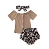 0-18m Född spädbarn Babyflickor Leopard Kläder Set Stickade Ruffles Toppar T Shirt Bow Bloomer Shorts Sommar Outfits 210515