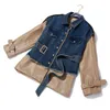 abiti invernali colletto rovesciato maniche lunghe PU leatehr denim monopetto patchwork cinture in vita giacca 19E-a11 210421