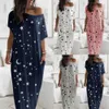 80% New Arrival 2021 !!! Femmes Casual Stars Stars Stars Moon Print une épaule Poches Lunette Longue Robe longue Y1006