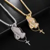 Hip Hop Bling Cubic Zirconia Iced Out Praying Hands Cross Necklaces & Pendants For Men Jewelry With Tennis Chain X0509