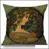 Yastık Kılıfı Yatak Malzemeleri Ev Tekstili Bahçe Vintage Avrupa Art Nouveau Mucha Kanepe ers Dekoratif Yastık Kılıfı Beautif Kız Desen C