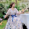 Französisch Vintage Midi Kleid Blau Floral Puff Ärmel Hohe Taille Weibliche A-Linie Party Süße V-Ausschnitt Kleider mit Gürtel Vestidos 210421