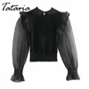 Woman Fashion Blouse with Lace Black Long Sleeve Shrit Mesh Patchwork Knitted Round Neck Falbala Bubble Pullover 210514