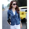 Höst kort stil blå denim blazer femme plus storlek långärmad en knapp vintage jeans jacka kvinnor slim coat 211019