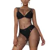 Women's Swimwear Fishnet Hollow Out Rhinestone Dress Bikini Cover Ups 2021 Sexy Women Sleeveless Black Summer Bathing Suits