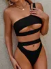 Bikini taille haute ensemble une épaule femmes maillot de bain 2021 évider maillots de bain brésilien rouge noir Bikinis plage porter maillot de bain 210319