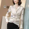 Korean Silk Women Blouses Woman Satin Print Shirt Women Long Sleeve Silk Blouse Tops Plus Size Elegant Woman Satin Floral Blouse 210326