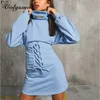 Colysmo Robe à capuche Femmes Turtleneck Bleu Manches longues Sexy Taille haute Tie Up Mini Robes Automne Fashion Party Casual Robe 210527