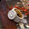 Anéis de ouro clássicos 18k para homens, anéis brilhantes de zircônia cúbica grande, configuração de pino, diamante completo, micro pave, joias masculinas 2142622