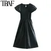 Women Chic Fashion Faux Leather Elastic Smocked Midi Dress Vintage O Neck Ruffled Sleeve Female Dresses Mujer 210507