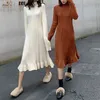 Femmes torsadé tricoté Jacquard col roulé à manches longues genou longueur robe marron abricot décontracté automne hiver D2209 210514