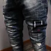 Ly designer mode män jeans högkvalitativa retro mörkblå rippade denim byxor streetwear elastiska smala passform hip hop byxor bvjs