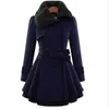 우아한 옷깃 버튼 겨울 따뜻한 모피 overcoats 여성 슬림 더블 브레스트 모직 코트 패션 트렌치 레이스 업 루플 재킷 210930