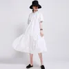 [Eam] mulheres cordão branco plissado vestido grande tamanho redondo pescoço meia manga solta fit mola verão 1w187 210512