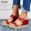 Kvinnor Sandaler Plattform Mode Slip på Solid Casual Wedges Skor Tofflor Hamp Rope Beach Ladies Plus Size Y0721