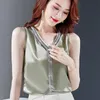Корейские моды женщины шелковые блузки атласные V-образные вырезывает топы плюс размер женщины твердого без рукавов блузка кисточка топ 210427