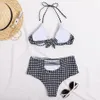 Sexy Plaid Impressão Biquíni Bikini Swimsuit Mulheres Swimwear Mulheres V-Neck Push Up Bathing Suits Beach Wear Natação Terno 210521