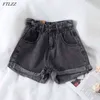 Été Femmes Streetwear Large Jambe Bleu Denim Shorts Casual Femme Élastique Wasit Lâche Couleur Solide Jeans 210430