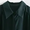 Camicia lunga verde Abito in raso Donna Inverno Manica elegante Midi Donna Cintura vintage Bottone Chic es 210519