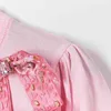 Söt färsk båge pärlor rosa tunna pullovers kvinnor elegant puff ärm sommar tröja mode kontor dam kvinna toppar 210525