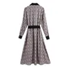 BLSQR Elegant Geometry Print Dress Women Lapel Long Sleeve Sashes Holiday Office Ladies Midi 210430