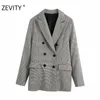 Zevity Damen Vintage Zweireiher Blazer mit Karomuster, Büro-Damentaschen, kausal, stilvoll, Oberbekleidung, Anzüge, Mantel, Oberteile CT586 210603