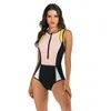 Sleeveless Rash Guard Women Zipper Swimsuit Plus Size Print Swimwear Push Up Swim Suit High Neck Monokini Black Surf 210712