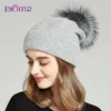 Enjoyfur Kış Şapkalar Kadınlar Için Doğal Kürk Ponpon Şapka Sıcak Yün Hamam Beanies Kadın Moda Skullies Lady 211229