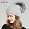 Enjoyfur Winter Hoeden Voor Dames Natuurlijke Bont Pompom Hoed Warm Wol Slouchy Mutsen Vrouwelijke Mode Skullies Lady 211229