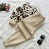 Maglioni pullover leopardati lavorati a maglia a maniche lunghe da donna HMA + Pantaloni elastici in vita Imposta pantaloni alla moda Due pezzi Costumi Outfit 211105