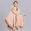 Eleganckie V Lapel Rex Rabbit Fur Coat Cape Winter Women Duży Długi Szal Pełna Wykończenia Faux Fur Cashmere Cloak Płaszcz Parka 211018