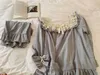 Kvinnor Lolita Flower Broderi Lace Square Neck Pajama set.Vintage Lady Cotton Grey Pyjamas Set.Sleep Loungewear Nightclothes 210928