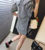コレヒパアの女性のドレス夏の韓国のシックな女の子の西洋風の若い耳人形襟ワイドルーズパフスリーブチェック柄Vestidos 210526