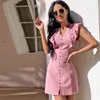 Dorywczo ruffled Vintage Dress Summer Beach Boho Kobiety Kobiet Solidne Różowe Mini Dla Office Lady Vestidos 210427