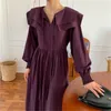 Jesień Koreańczycy Eleganckie kobiety Długa Dress Pełna Rękaw Podwójny Peter Pan Collar Lace-Up Dresses Moda Sweet Damska Vestidos 210513