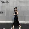 Yitimoky Ribbedニットドレスのための女性夏2021年Vネックブラックパーティーカジュアル原宿スリムベージュプルオーバービンテージミディドレスY0823