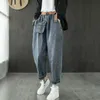 Johnature Women Full Length Denim Harem Pants Autumn Loose Leisure Pocket Elastic Waist All-match Cotton Women Jeans 210521