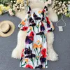 Neploe blommig tryck klänning kvinnor franska torget krage långärmad fest klänningar sommar elegant smal midja vestidos femme 210423