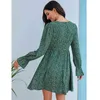 abito invernale boho con stampa floreale manica lunga floreale verde corto elegante da donna con colletto quadrato vestidos 210427