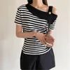 Summer Striped Knitted Knitwear Pullover Women Short Sleeve One-shoulder Sweater Tops Korean Sexy Stylish Ladies Jumpers 210513