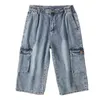 Jeans Shorts Mäns Sommarbyxor Multi Side Pocket Casual Bermuda Man Straight Long Blue Denim Loose Cargo Shorts Men 210518