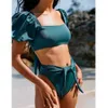 Sexy Bikini Solid Color Tankini Sport Bandeau Swimsuit Short Sleeve Summer High Waist Cut Backless Bathing Suit Beachwear 210702