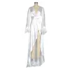 Femmes robe plume épissé Maxi es manches longues col en V fendu Sexy es asymétrie blanc grande taille 210513