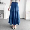 90cm längd denim tiered maxi kjol vår sommar casual hög midja tvättad lös lång tårta jeans kjolar b0n117n 210730