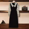 Spring Dresses For Women Vintage Style Doll Collar Patchwork Velvet Long Sleeves Elegant Midi Black Dress Female Clothing 210428