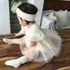 Spring Baby Girls Romper Dress White TUTU New Born Long Sleeve 1st Birthday Infant Toddler With Headband 2pcs Clothing 2268 V2