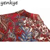 Jesień Kobiety Vintage Ethnic Print Z Długim Rękawem Lapel Collar A-Line Midi Sukienka Plus Size Casual 210514